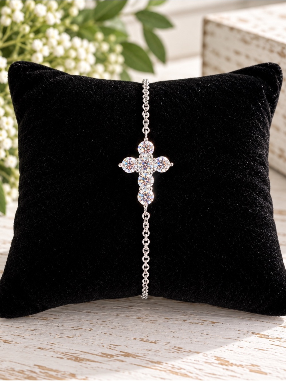 Sterling Silver 1.5 CTW Moissanite Cross Bracelet 8”